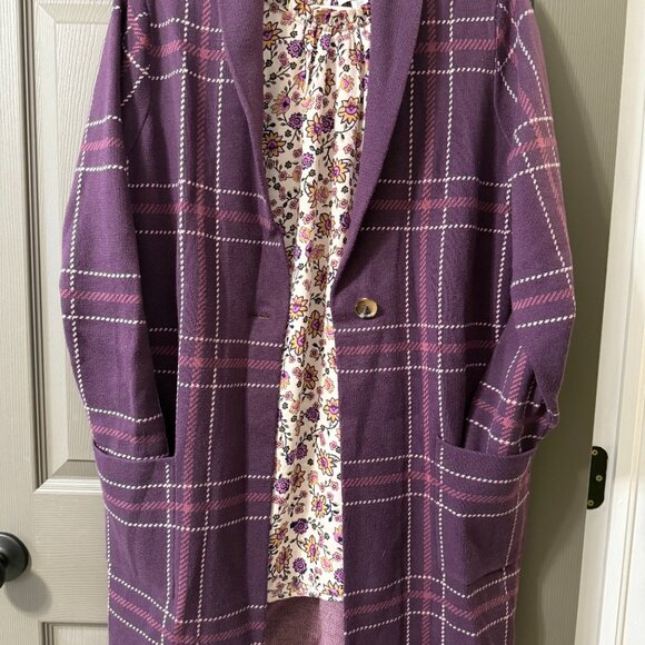 Lands’ End XL/18 Purple Plaid Knit Coatigan with Pockets - Picture 3 of 3